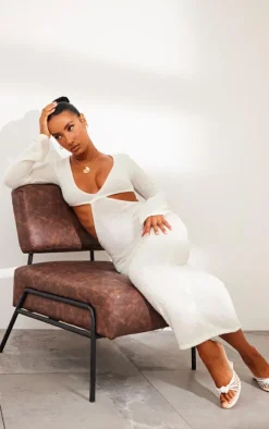 Cream Bobble Knit Long Sleeve Cut Out Maxi Dress