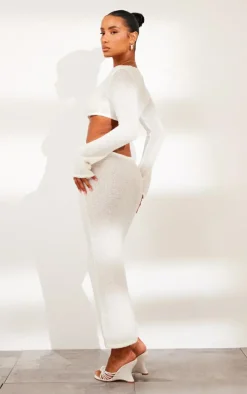 Cream Bobble Knit Long Sleeve Cut Out Maxi Dress