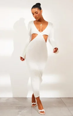 Cream Bobble Knit Long Sleeve Cut Out Maxi Dress