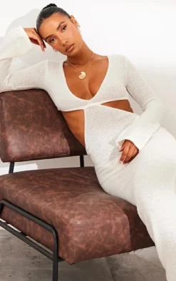 Cream Bobble Knit Long Sleeve Cut Out Maxi Dress
