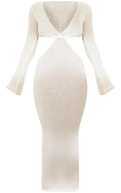 Cream Bobble Knit Long Sleeve Cut Out Maxi Dress