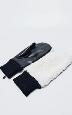 Cream Borg Contrast PU Mittens