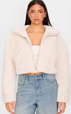 Cream Borg Hooded Pocket Detail Zip Up Jacket