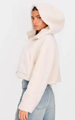 Cream Borg Hooded Pocket Detail Zip Up Jacket