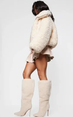 Cream Borg Point Toe High Stiletto Knee High Boots