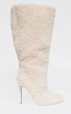 Cream Borg Point Toe High Stiletto Knee High Boots