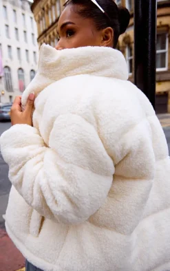 Cream Borg Teddy Puffer Coat
