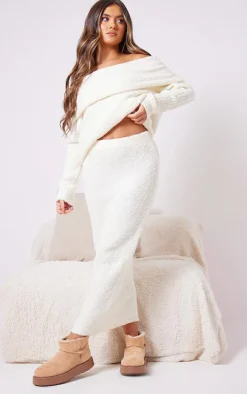 Cream Boucle Chunky Knit Split Maxi Skirt