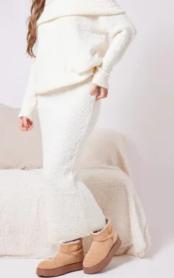 Cream Boucle Chunky Knit Split Maxi Skirt