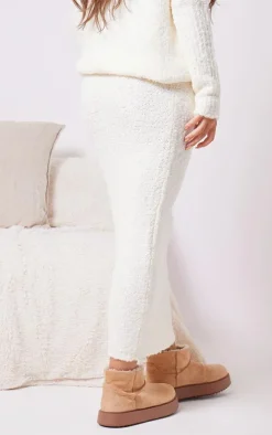Cream Boucle Chunky Knit Split Maxi Skirt