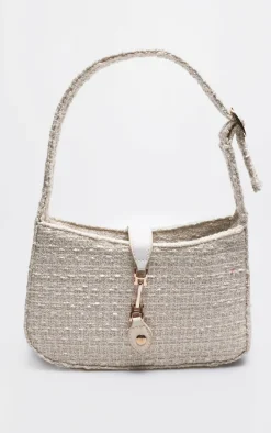 Cream Boucle Clasp Detail Shoulder Bag