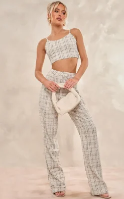 Cream Boucle High Waist Tailored Pants