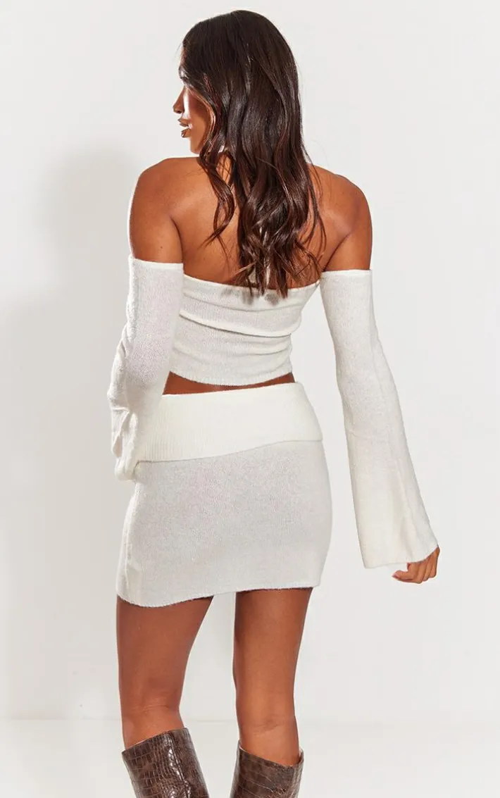 Cream Boucle Knit Halter Neck Flare Sleeve Top