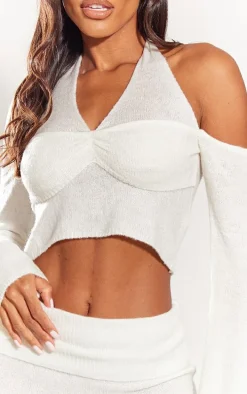 Cream Boucle Knit Halter Neck Flare Sleeve Top
