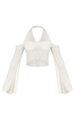 Cream Boucle Knit Halter Neck Flare Sleeve Top