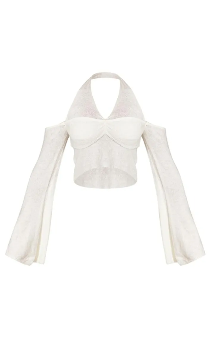 Cream Boucle Knit Halter Neck Flare Sleeve Top