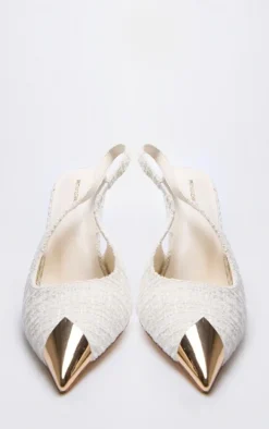 Cream Boucle Metal Toe Cap High Stiletto Court Heels