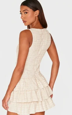 Cream Boucle Sleeveless Frill Mini Dress