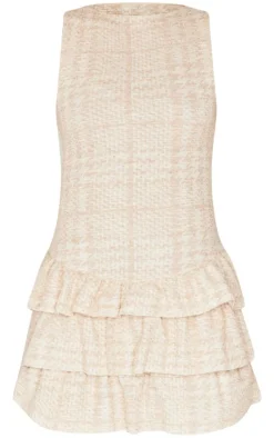 Cream Boucle Sleeveless Frill Mini Dress
