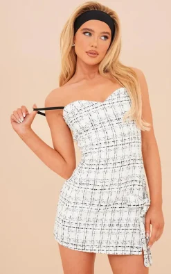 Cream Boucle Strappy Bow Detail Bodycon Dress