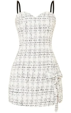 Cream Boucle Strappy Bow Detail Bodycon Dress