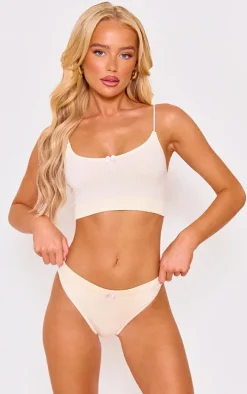 Cream Bow Detail Bralette And Thong Lingerie Set