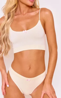 Cream Bow Detail Bralette And Thong Lingerie Set