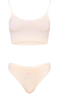 Cream Bow Detail Bralette And Thong Lingerie Set