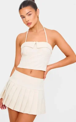 Cream Bow Detail Tie Neck Halterneck Crop Top