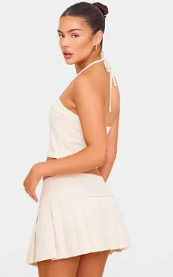 Cream Bow Detail Tie Neck Halterneck Crop Top