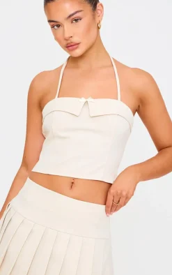 Cream Bow Detail Tie Neck Halterneck Crop Top