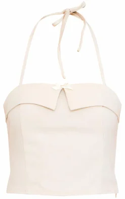 Cream Bow Detail Tie Neck Halterneck Crop Top