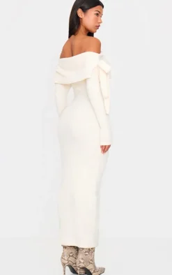 Cream Brushed Rib Bow Detail Bardot Maxi Dress