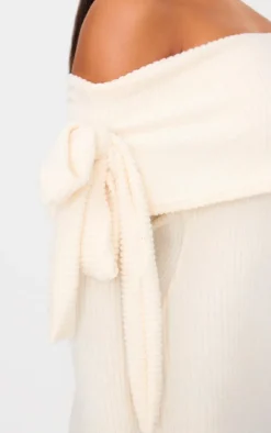 Cream Brushed Rib Bow Detail Bardot Maxi Dress