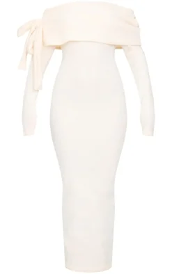 Cream Brushed Rib Bow Detail Bardot Maxi Dress