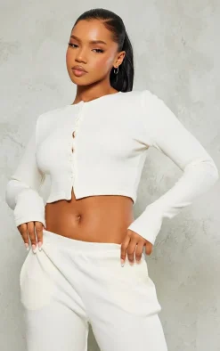 Cream Brushed Rib Button Front Cardigan