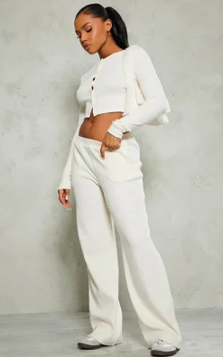 Cream Brushed Rib Button Front Cardigan