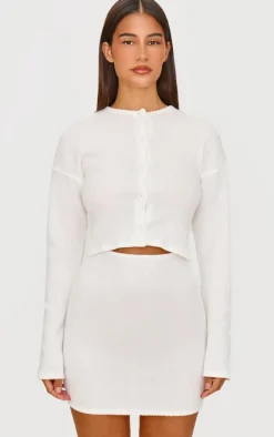 Cream Brushed Rib Button Detail Long Sleeve Bodycon Dress