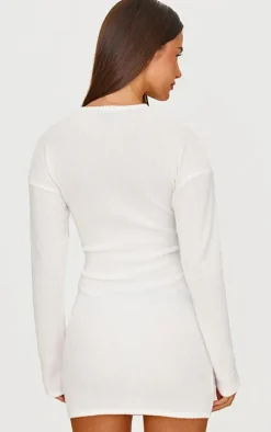 Cream Brushed Rib Button Detail Long Sleeve Bodycon Dress