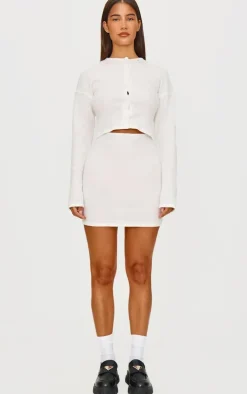 Cream Brushed Rib Button Detail Long Sleeve Bodycon Dress