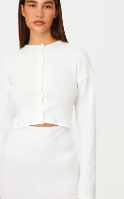 Cream Brushed Rib Button Detail Long Sleeve Bodycon Dress