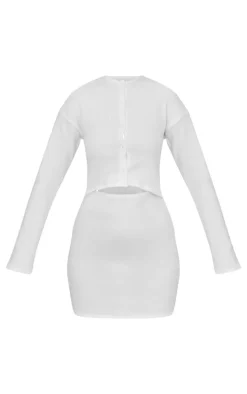 Cream Brushed Rib Button Detail Long Sleeve Bodycon Dress