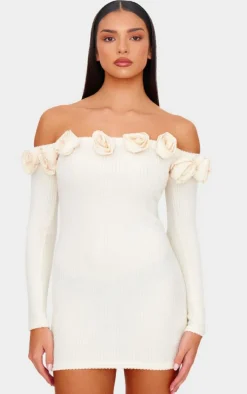 Cream Brushed Rib Corsage Detail Bradot Bodycon Dress