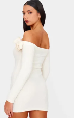 Cream Brushed Rib Corsage Detail Bradot Bodycon Dress