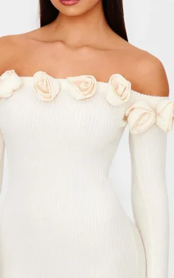 Cream Brushed Rib Corsage Detail Bradot Bodycon Dress