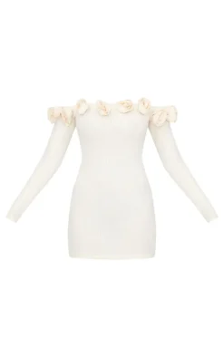 Cream Brushed Rib Corsage Detail Bradot Bodycon Dress
