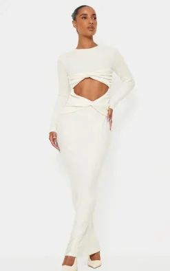 Cream Brushed Rib Cut Out Detail Maxi Dress