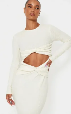 Cream Brushed Rib Cut Out Detail Maxi Dress