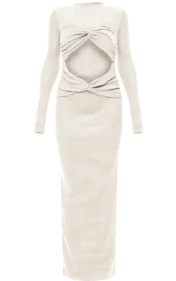 Cream Brushed Rib Cut Out Detail Maxi Dress