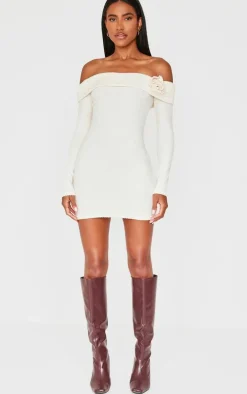 Cream Brushed Rib Fold Over Bardot Corsage Detail Bodycon Dress
